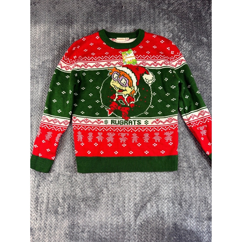 Vintage 90s Nickelodeon Rugrats Sweater Mens XL Green Red Christmas Chunky knit